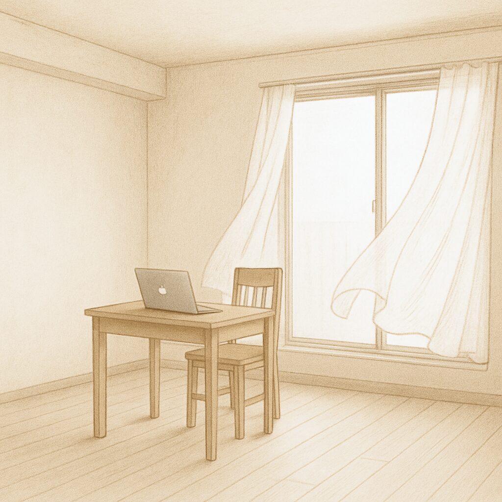 空っぽの部屋に机と椅子とMacのノートパソコン